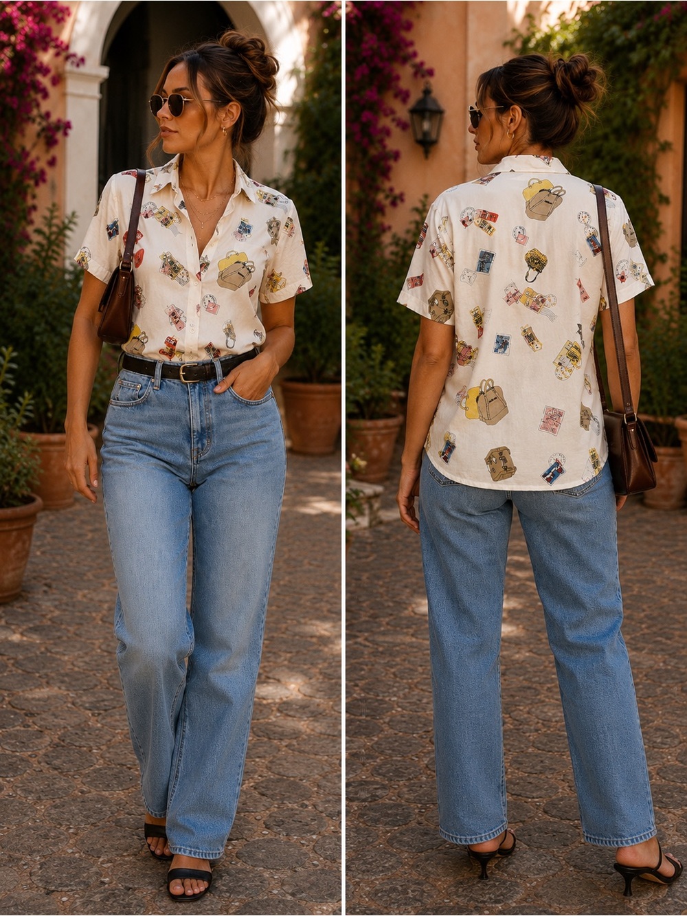 🌙✨ Liz Claiborne Y2K Travel Print Button Up Shirt 100% Rayon Size 4